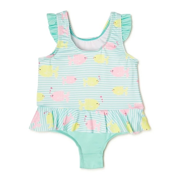 Wippette Toddler Girls Stripes One Piece Ruffle Swimsuit UPF 50+ Sun Protection - Picture 2 of 3